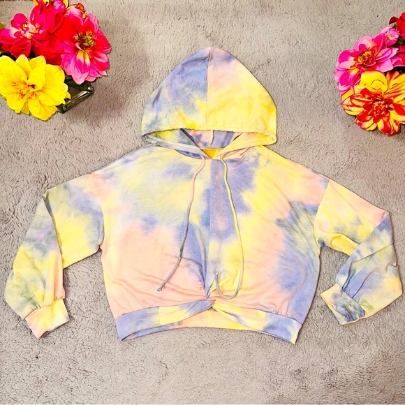 Soul Revival Tops - Tie dye twist front crop hoodie